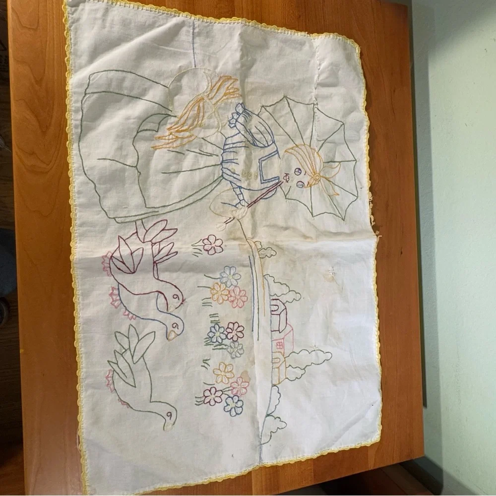 Yellow and Blue Tapestry with Tree Motif and Floral Elements